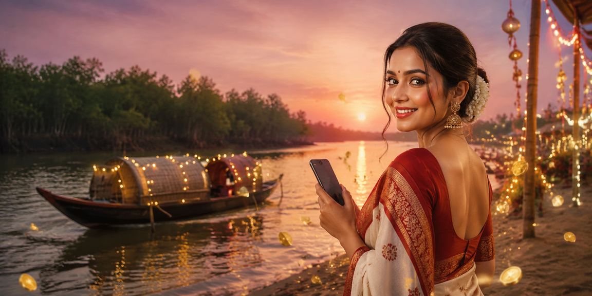 সুন্দরবন অঞ্চলে পহেলা বৈশাখ উৎসবে মোবাইল পেমেন্ট করছেন একজন সদস্য
